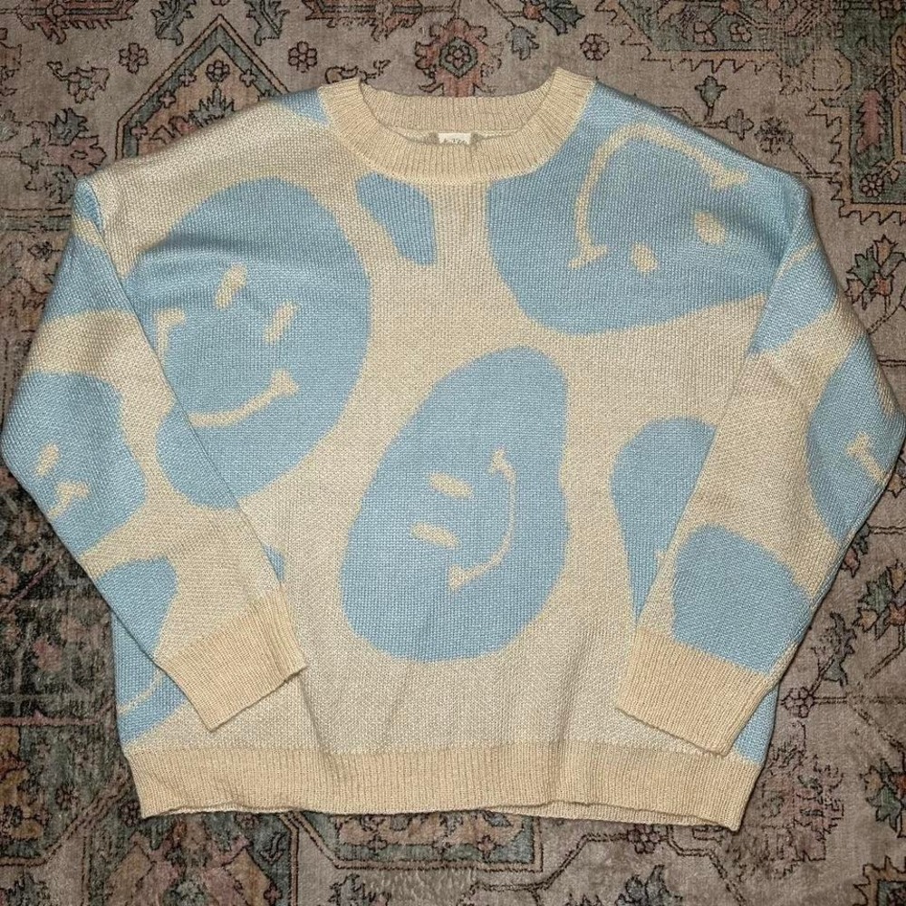 Altar'd State Smiley Face Sweater — Blue & Cream (M)